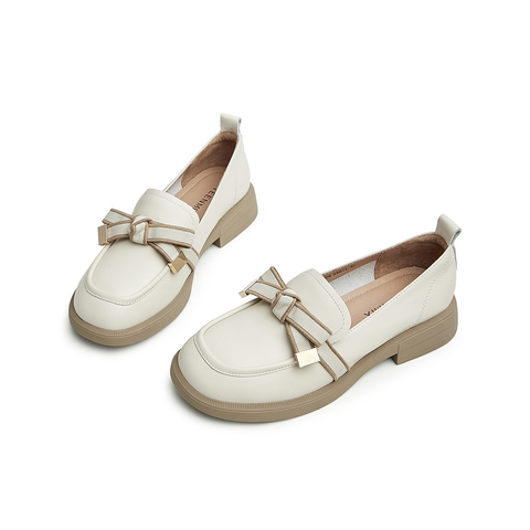 天美意2024秋新款乐福鞋老花蝴蝶结气质女皮单鞋AG008CA4