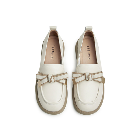 天美意2024秋新款乐福鞋老花蝴蝶结气质女皮单鞋AG008CA4