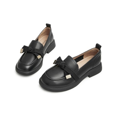 天美意2024秋新款乐福鞋老花蝴蝶结气质女皮单鞋AG008CA4