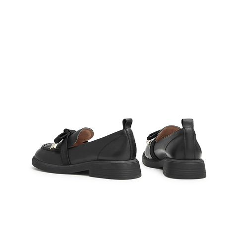 天美意2024秋新款乐福鞋老花蝴蝶结气质女皮单鞋AG008CA4