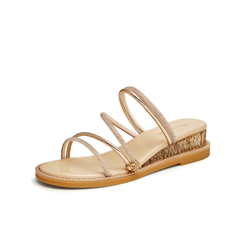 天美意2024夏新款商场同款坡跟水钻外穿时尚百搭女拖鞋CTI19BT4