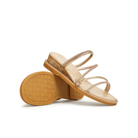 天美意2024夏新款商场同款坡跟水钻外穿时尚百搭女拖鞋CTI19BT4