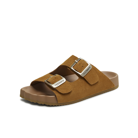 天美意2025夏新款复古休闲平底双扣带一字拖女勃肯鞋KK022BH5