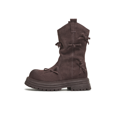 天美意2025冬新款西部靴蝴蝶结堆堆靴厚底复古女骑士靴KXZ10DS5