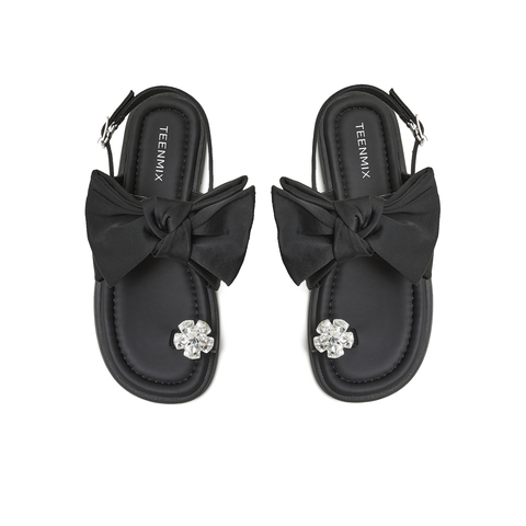 天美意2025夏新款条带凉鞋蝴蝶结百搭纯色女休闲凉鞋KT099BL5