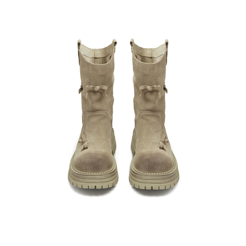 天美意2025冬新款西部靴蝴蝶结堆堆靴厚底复古女骑士靴KXZ10DS5