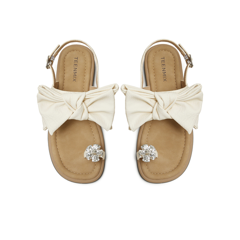 天美意2025夏新款条带凉鞋蝴蝶结百搭纯色女休闲凉鞋KT099BL5