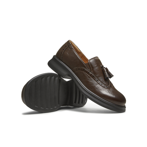 天美意2025秋新款厚底布洛克雕花流苏复古皮鞋女乐福鞋KE066CM5