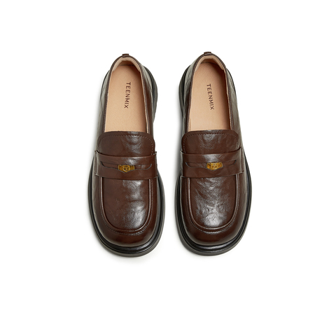 天美意2025秋新款纯色复古百搭jk学院风皮鞋女乐福鞋KE078CM5