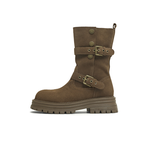 天美意2025冬新款复古厚底英伦风西部靴堆堆靴女骑士靴KXZ09DS5