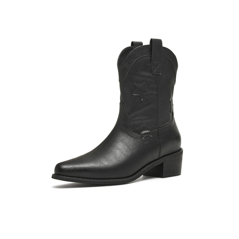 天美意2025冬新款方跟V口显瘦复古英伦风西部靴女短靴KXZ12DD5