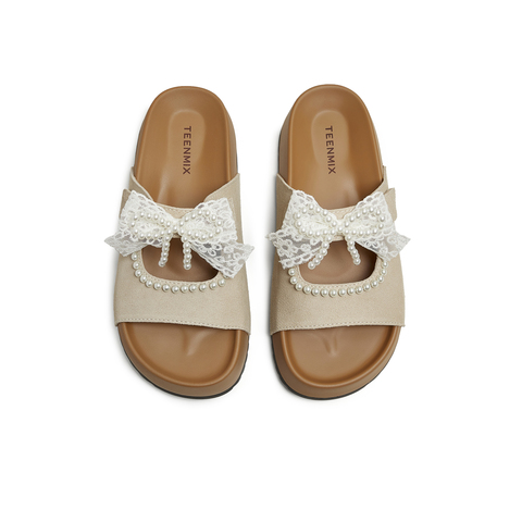 天美意2025夏新款蝴蝶结厚底百搭出游外穿沙滩女一字拖KT098BT5