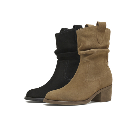 天美意2025冬新款粗跟百搭日常休闲一脚蹬女西部靴KXZ15DZ5