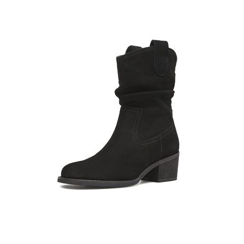 天美意2025冬新款粗跟百搭日常休闲一脚蹬女西部靴KXZ15DZ5