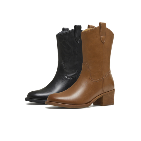 天美意2025冬新款方跟英伦百搭显瘦西部靴女短靴KXZ14DZ5