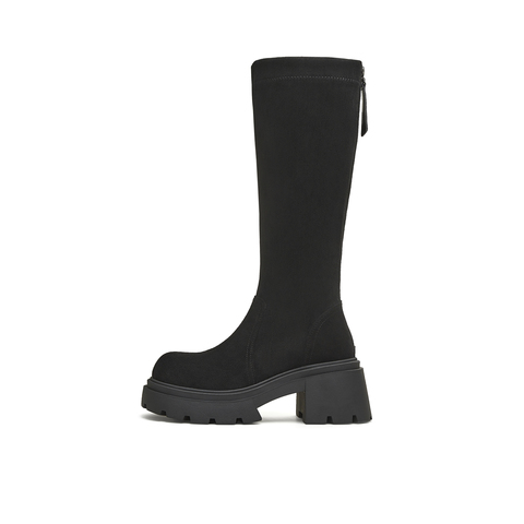 天美意2025冬新款休闲百搭纯色厚底长筒靴袜靴女弹力靴KTX17DG5