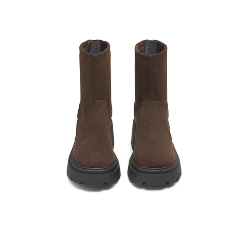 天美意2025冬新款厚底百搭袜靴一脚蹬后拉链女弹力靴KNZ11DZ5