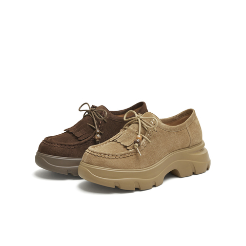 天美意2025秋新款厚底纯色百搭休闲复古小个子女乐福鞋KE070CM5