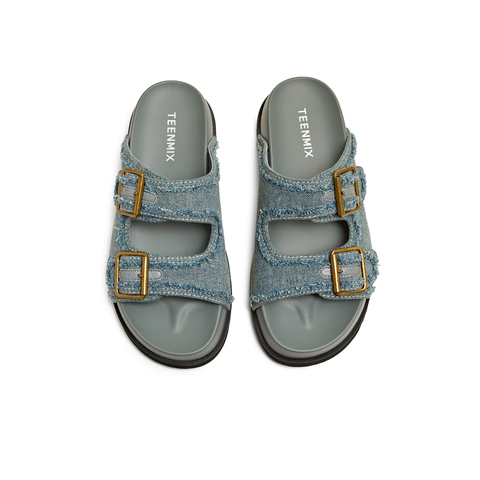 天美意2025夏新款牛仔布皮带扣休闲时尚厚底女勃肯鞋KK023BT5