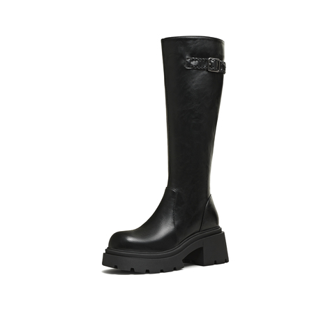 天美意2025冬新款直筒显瘦百搭厚底潮流纯色女弹力靴KTX25DG5