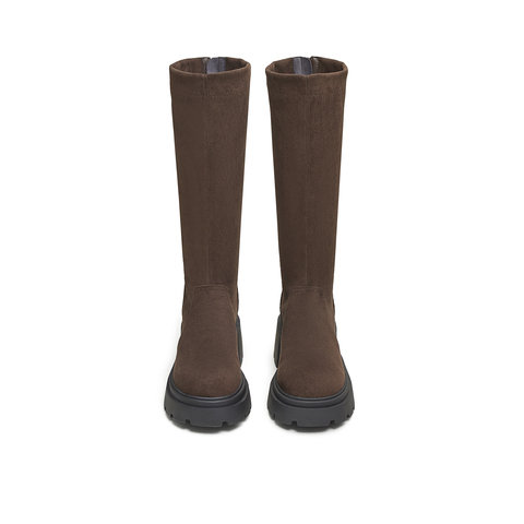 天美意2025冬新款休闲百搭纯色厚底长筒靴袜靴女弹力靴KTX17DG5