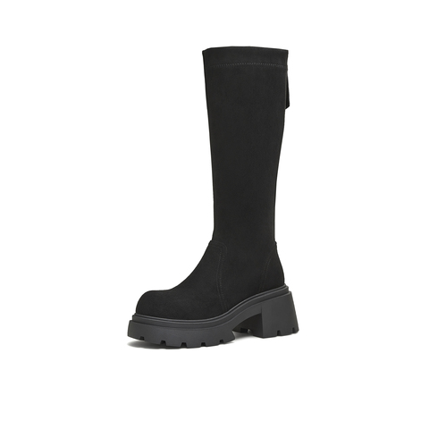 天美意2025冬新款休闲百搭纯色厚底长筒靴袜靴女弹力靴KTX17DG5