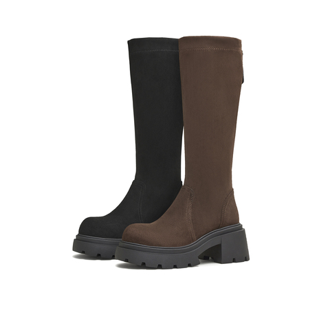 天美意2025冬新款休闲百搭纯色厚底长筒靴袜靴女弹力靴KTX17DG5