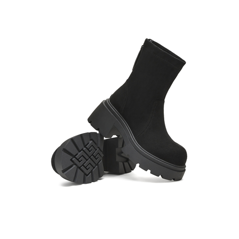 天美意2025冬新款厚底百搭袜靴一脚蹬后拉链女弹力靴KNZ11DZ5