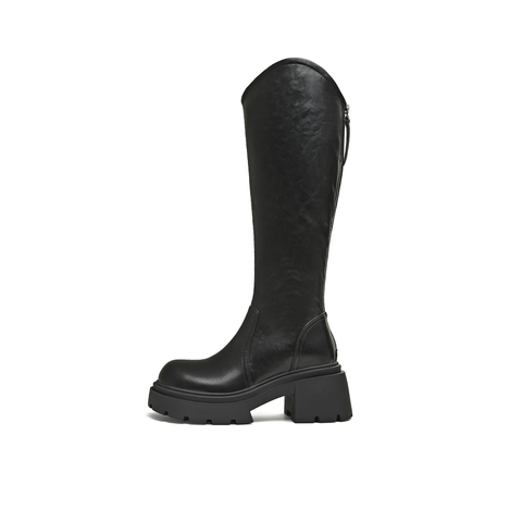 天美意2025冬新款直筒显瘦百搭厚底潮流纯色女弹力靴KTX26DG5