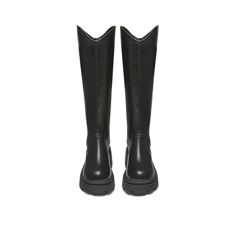 天美意2025冬新款直筒显瘦百搭厚底潮流纯色女弹力靴KTX26DG5