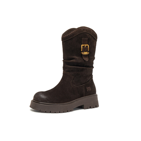 天美意2025冬新款厚底复古潮流百搭长筒靴显瘦女西部靴CQ964DS5