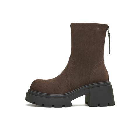 天美意2025冬新款厚底百搭袜靴一脚蹬后拉链女弹力靴KNZ11DZ5