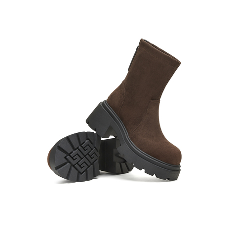 天美意2025冬新款厚底百搭袜靴一脚蹬后拉链女弹力靴KNZ11DZ5