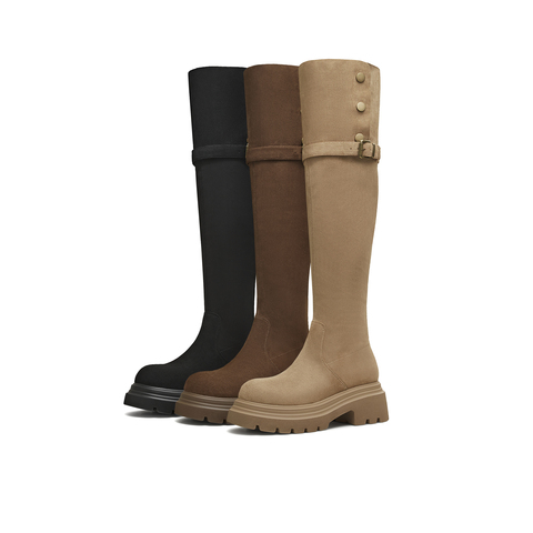 天美意2025冬新款显瘦百搭厚底潮流纯色瘦瘦靴女弹力靴KTX22DC5