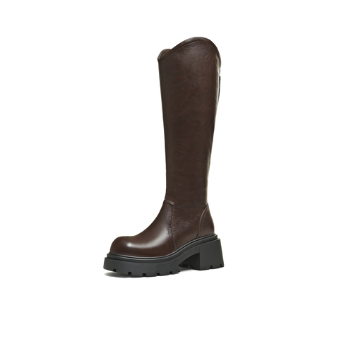 天美意2025冬新款直筒显瘦百搭厚底潮流纯色女弹力靴KTX26DG5