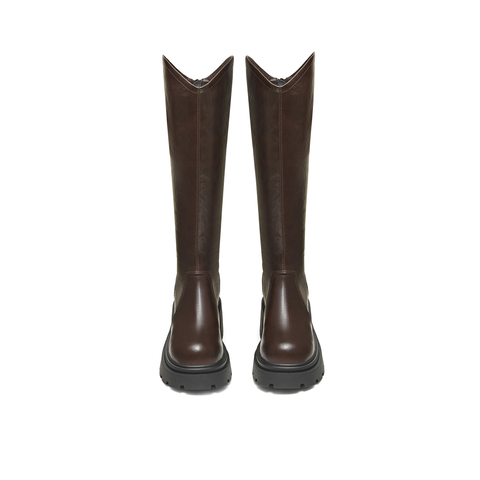 天美意2025冬新款直筒显瘦百搭厚底潮流纯色女弹力靴KTX26DG5