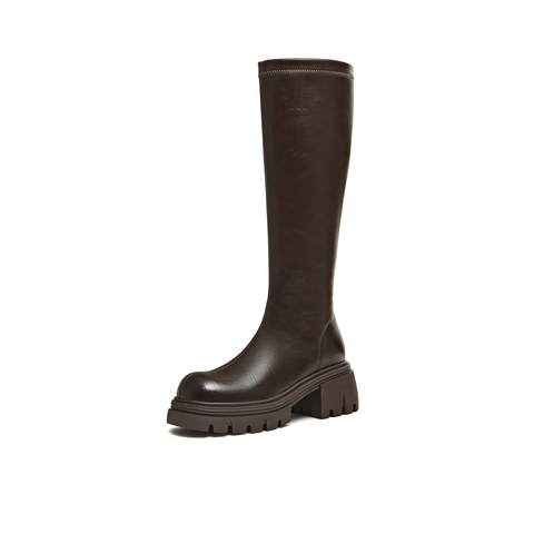 天美意2025冬新款直筒显瘦百搭厚底潮流纯色女弹力靴KTX21DG5