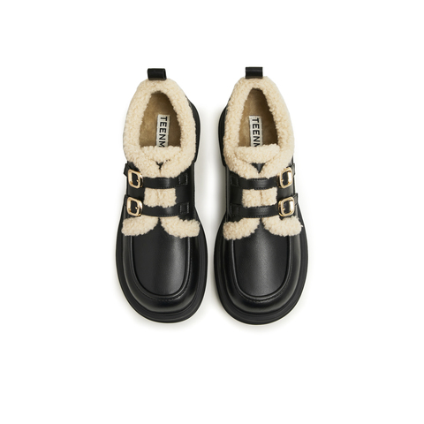 天美意2025春新款商场同款保暖英伦风皮鞋毛毛鞋女单鞋BI071AM5