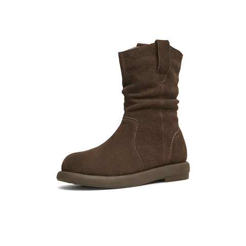 天美意2025冬新款美拉德色复古百搭户外堆堆靴女西部靴KXZ08DD5