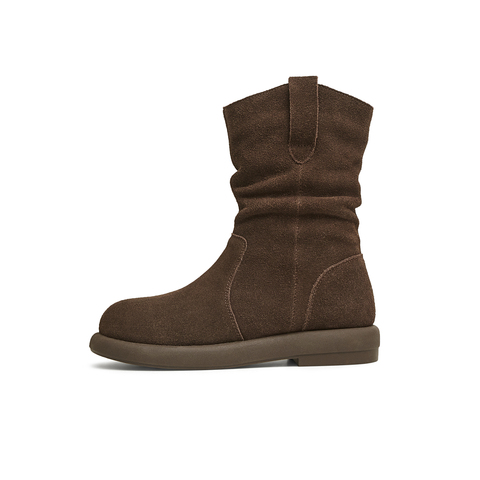 天美意2025冬新款美拉德色复古百搭户外堆堆靴女西部靴KXZ08DD5