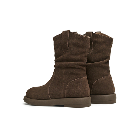 天美意2025冬新款美拉德色复古百搭户外堆堆靴女西部靴KXZ08DD5