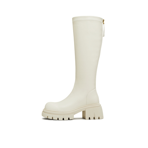 天美意2025冬新款直筒显瘦百搭厚底潮流纯色女弹力靴KTX21DG5