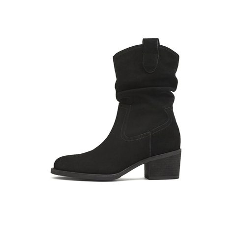 天美意2025冬新款粗跟百搭日常休闲一脚蹬女西部靴KXZ15DZ5