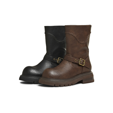 天美意2025冬新款商场同款圆头粗跟复古长靴女骑士靴BM352DZ5