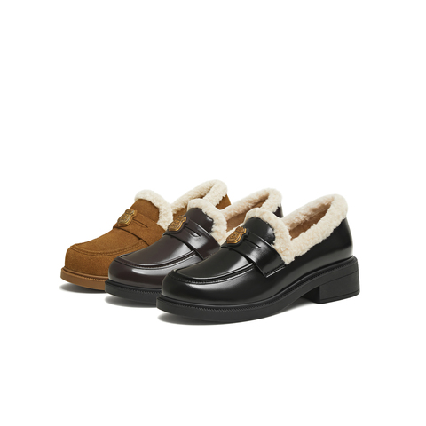 天美意2025冬新款厚底保暖英伦复古小皮鞋乐福鞋女皮鞋CNG35DM5