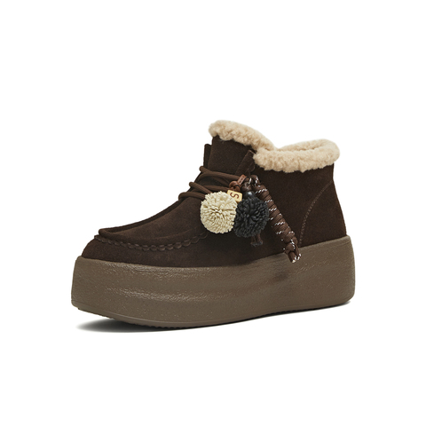 天美意2025冬新款保暖短靴复古挂饰纯色厚底女雪地靴KXD62DM5