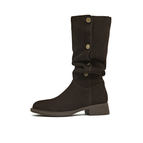 天美意2025冬新款复古美拉德百搭日常显瘦长靴女西部靴KXZ23DG5