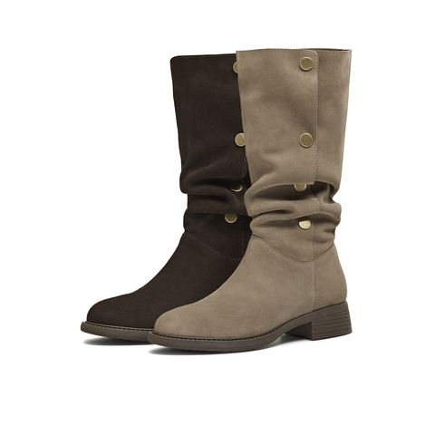 天美意2025冬新款复古美拉德百搭日常显瘦长靴女西部靴KXZ23DG5