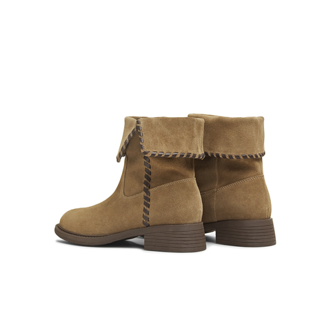 天美意2025冬新款纯色百搭复古翻短靴堆堆靴户外女西部靴KXZ17DZ5