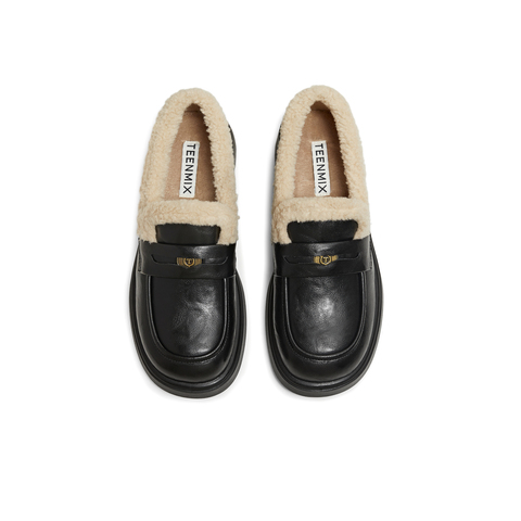 天美意2025冬新款纯色复古百搭jk学院风皮鞋女乐福鞋KE078DM5